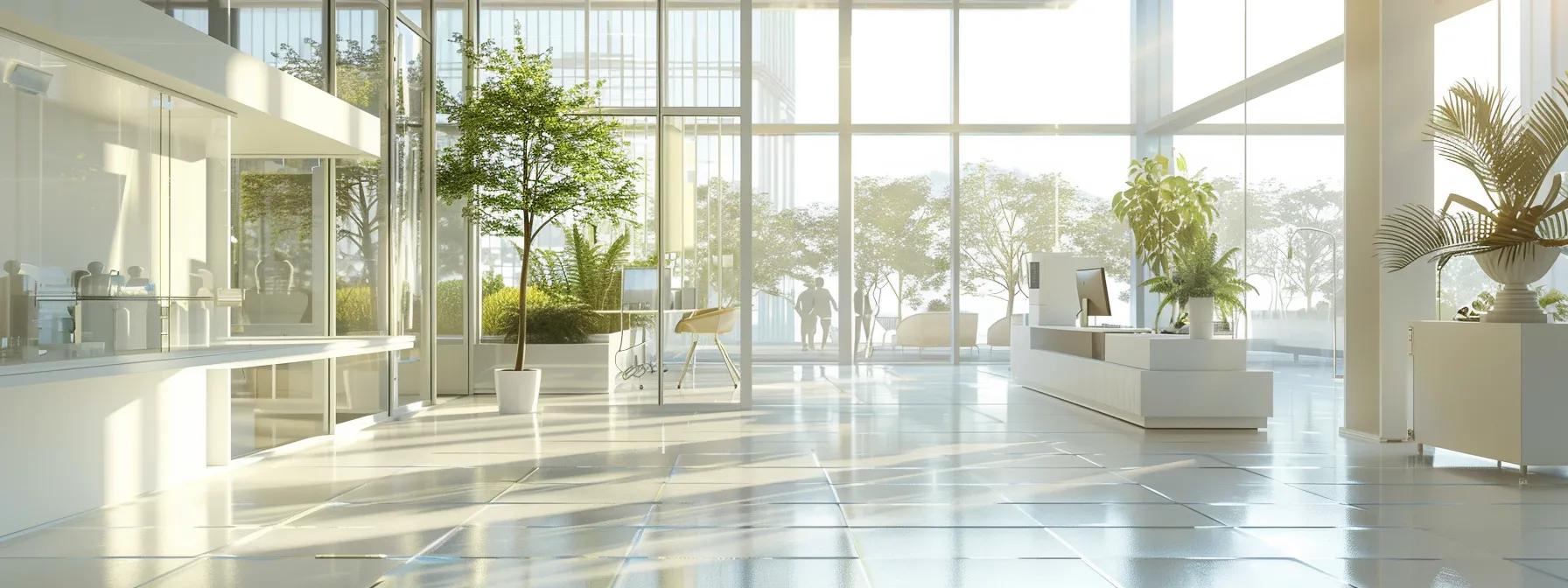 a bright, modern office space showcases a professional cleaning team using advanced equipment to meticulously clean and sanitize the workplace, reflecting an atmosphere of productivity and health.