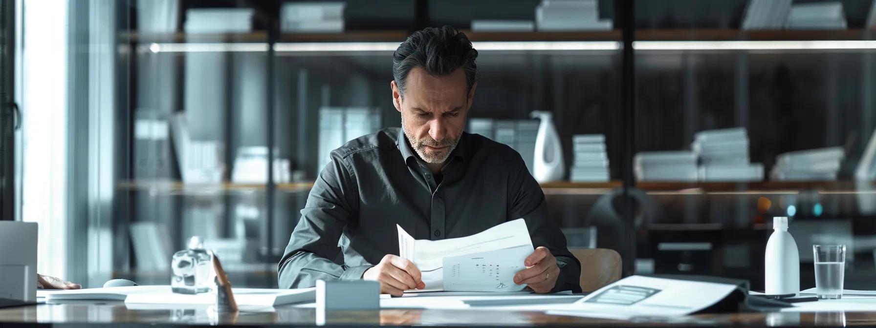 a focused business owner scrutinizes cleaning proposals at a modern conference table, surrounded by samples of cleaning products and detailed evaluations in a sleek office setting.