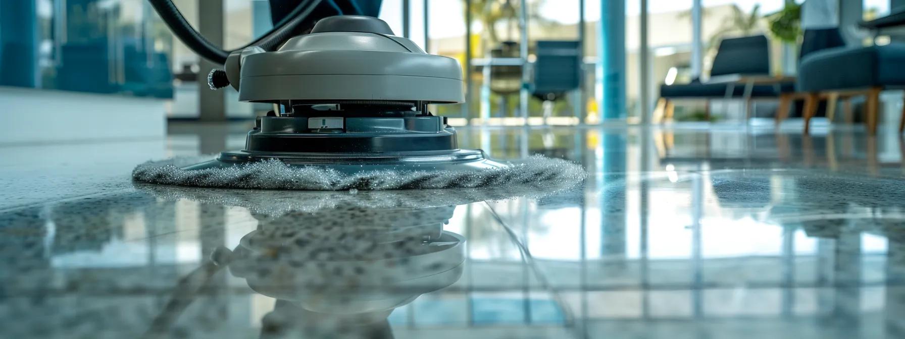 a modern office space meticulously maintained, showcasing efficient integration of commercial cleaning services and facility management, with gleaming surfaces, strategically placed cleaning equipment, and a clean, organized environment that emphasizes professionalism and hygiene.