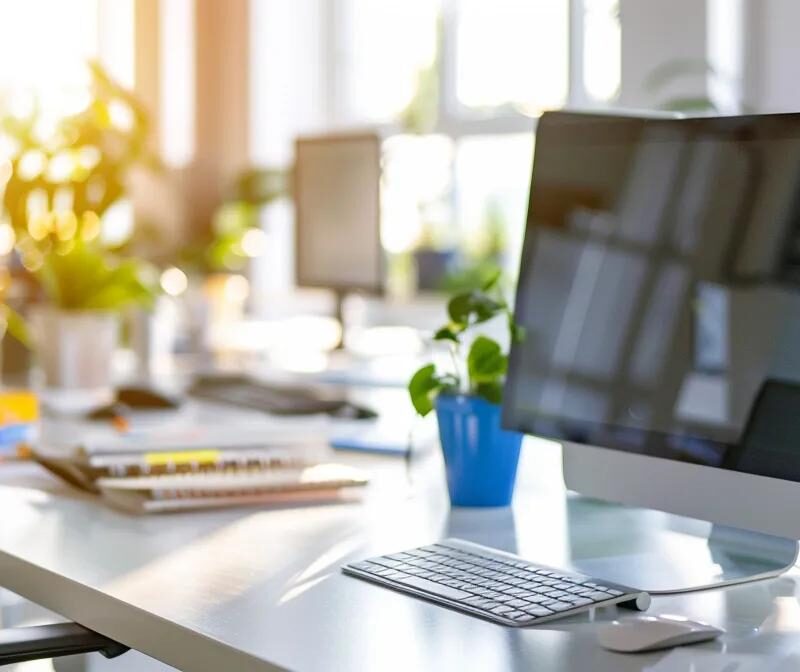 a modern, sleek office space gleaming with pristine surfaces and organized workstations, showcasing the transformative impact of a professional commercial cleaning service on business environments.