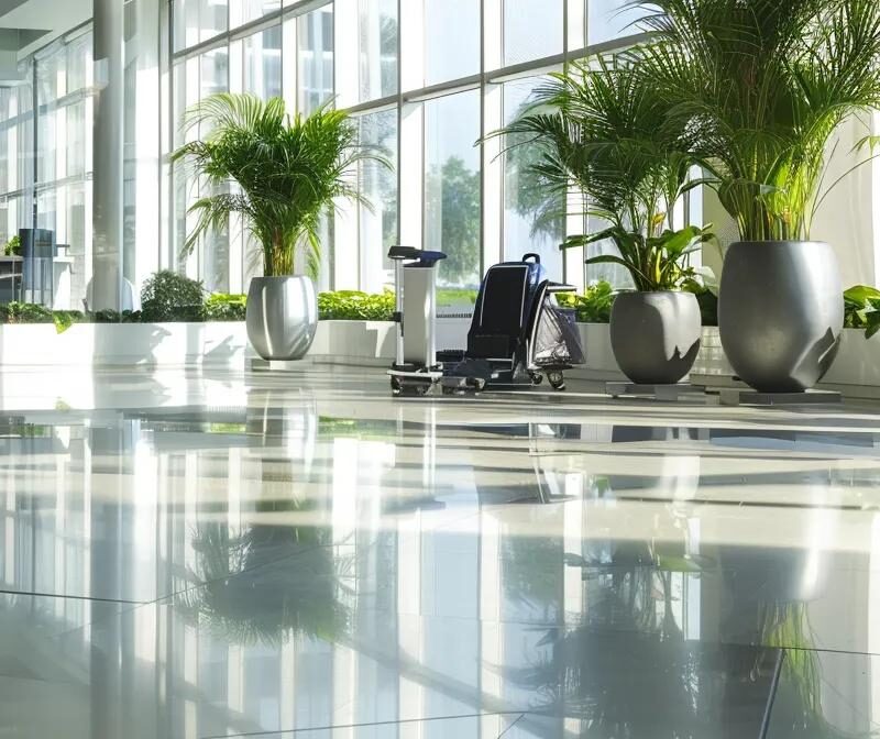 a polished office space featuring professional cleaners efficiently utilizing advanced equipment, showcasing the distinction between commercial cleaning services and standard housekeeping in a corporate setting.