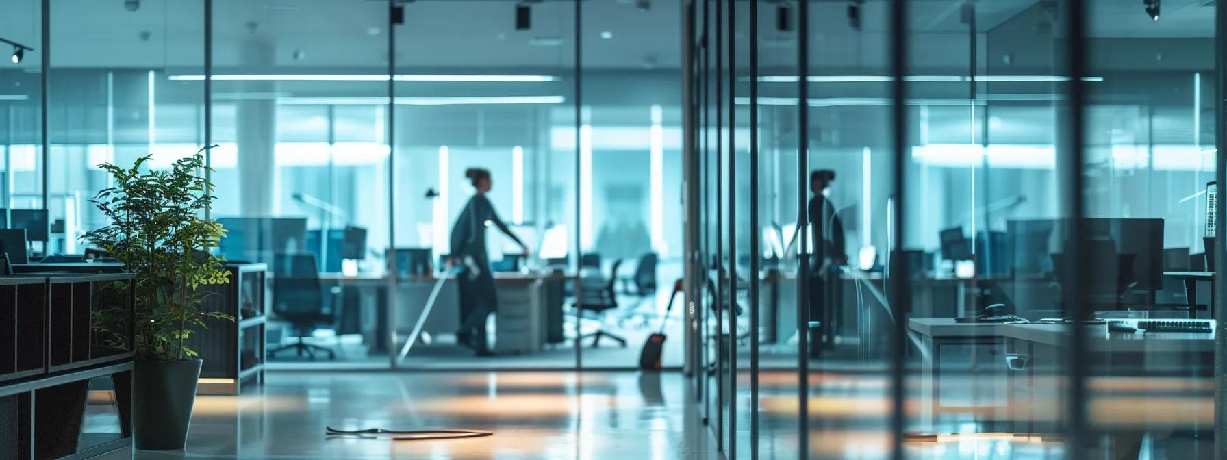 a sleek, modern office environment showcases a professional cleaner meticulously sanitizing a workspace, emphasizing the importance of hygiene and its positive impact on employee wellbeing.