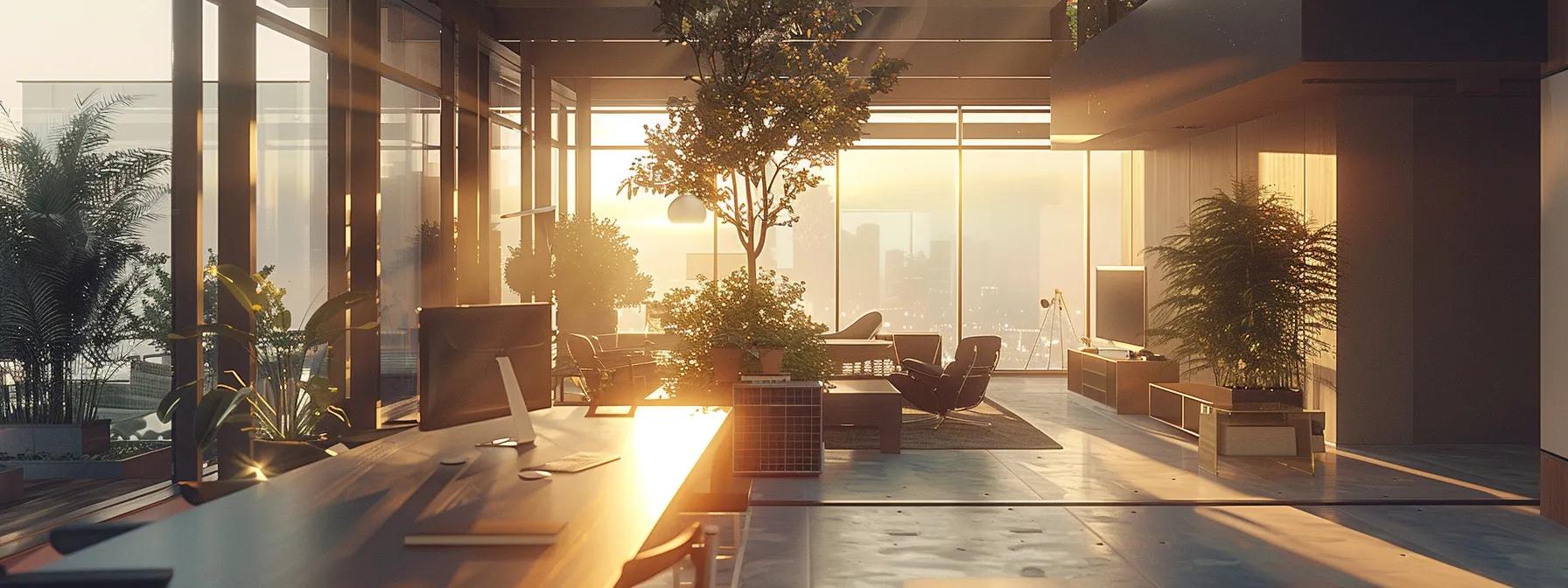 a sleek, modern office interior showcases a pristine workspace with gleaming surfaces and an advanced air filtration system visible, highlighting the importance of a clean environment for promoting employee health and well-being.