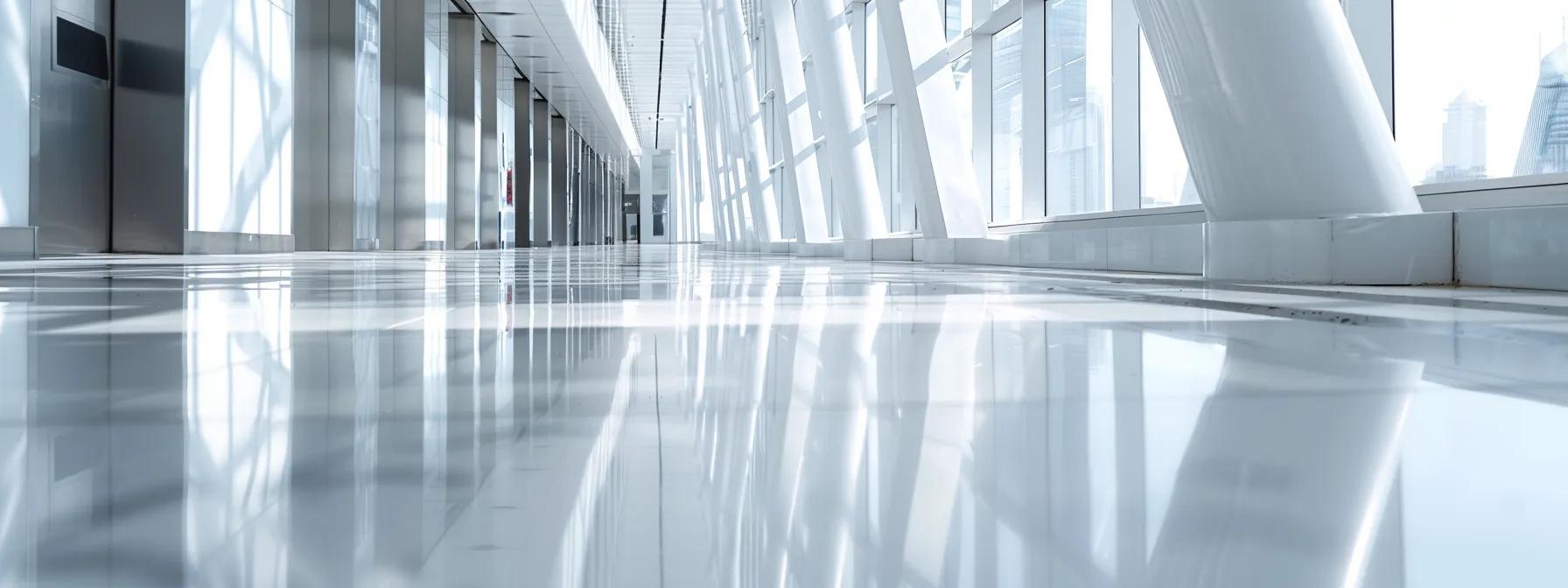 a sleek, modern office space is depicted with gleaming surfaces and advanced cleaning technology, showcasing the impact of professional cleaning on productivity and hygiene within a bustling commercial environment.