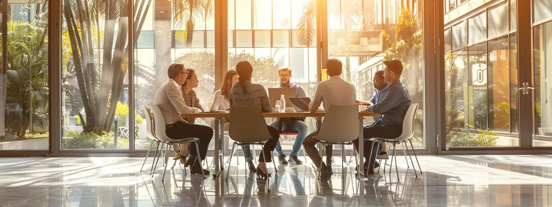 a sleek, modern office space showcases a team collaborating around a spotless conference table, illuminated by bright overhead lighting that emphasizes the clean, health-centric environment, symbolizing increased productivity and reduced health-related costs.
