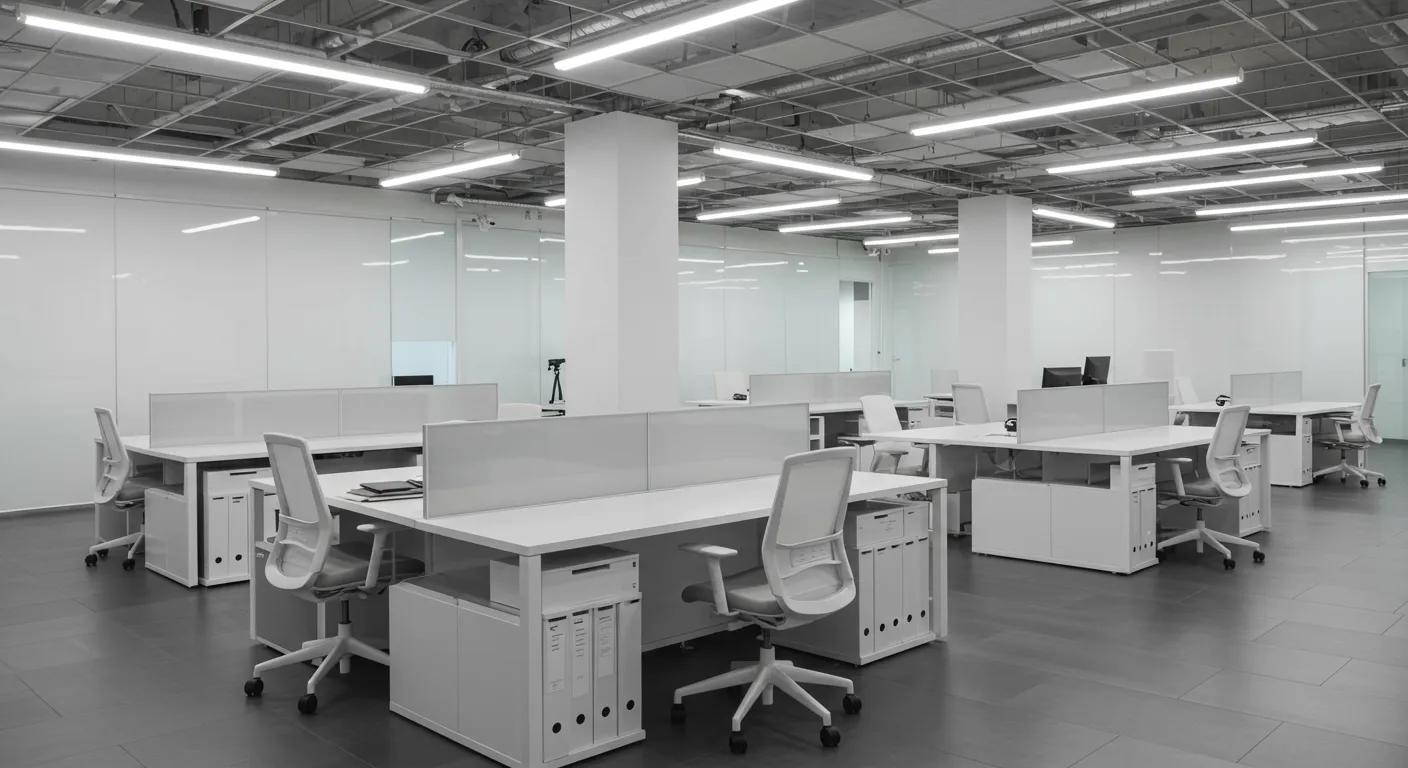 a sleek, modern office space gleams under bright, artificial lighting, showcasing pristine, freshly cleaned surfaces and organized workstations that highlight the transformative impact of professional commercial cleaning services.