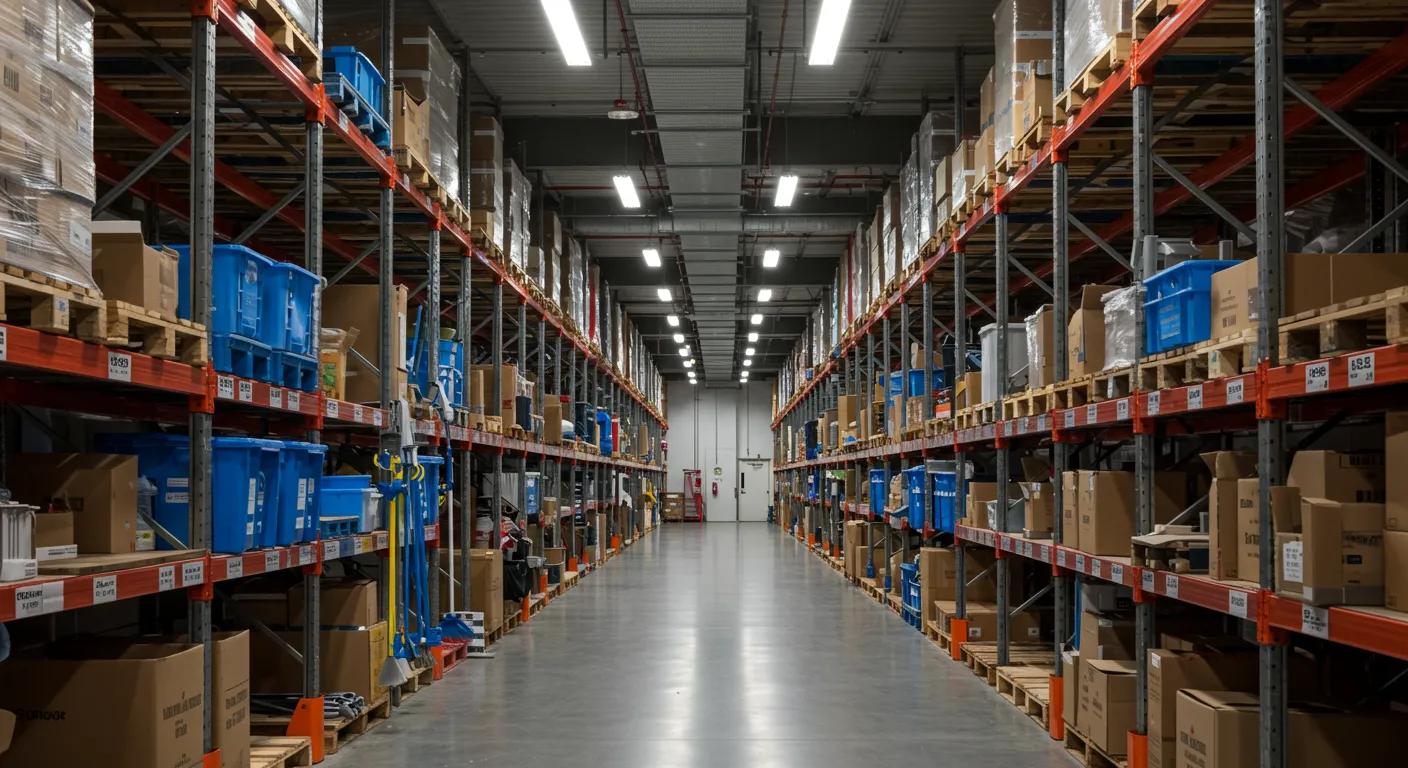 a meticulously organized warehouse gleams under bright fluorescent lights, showcasing pristine aisles and spotless shelving with cleaning equipment neatly arranged in the foreground, emphasizing the importance of best practices in commercial cleaning.