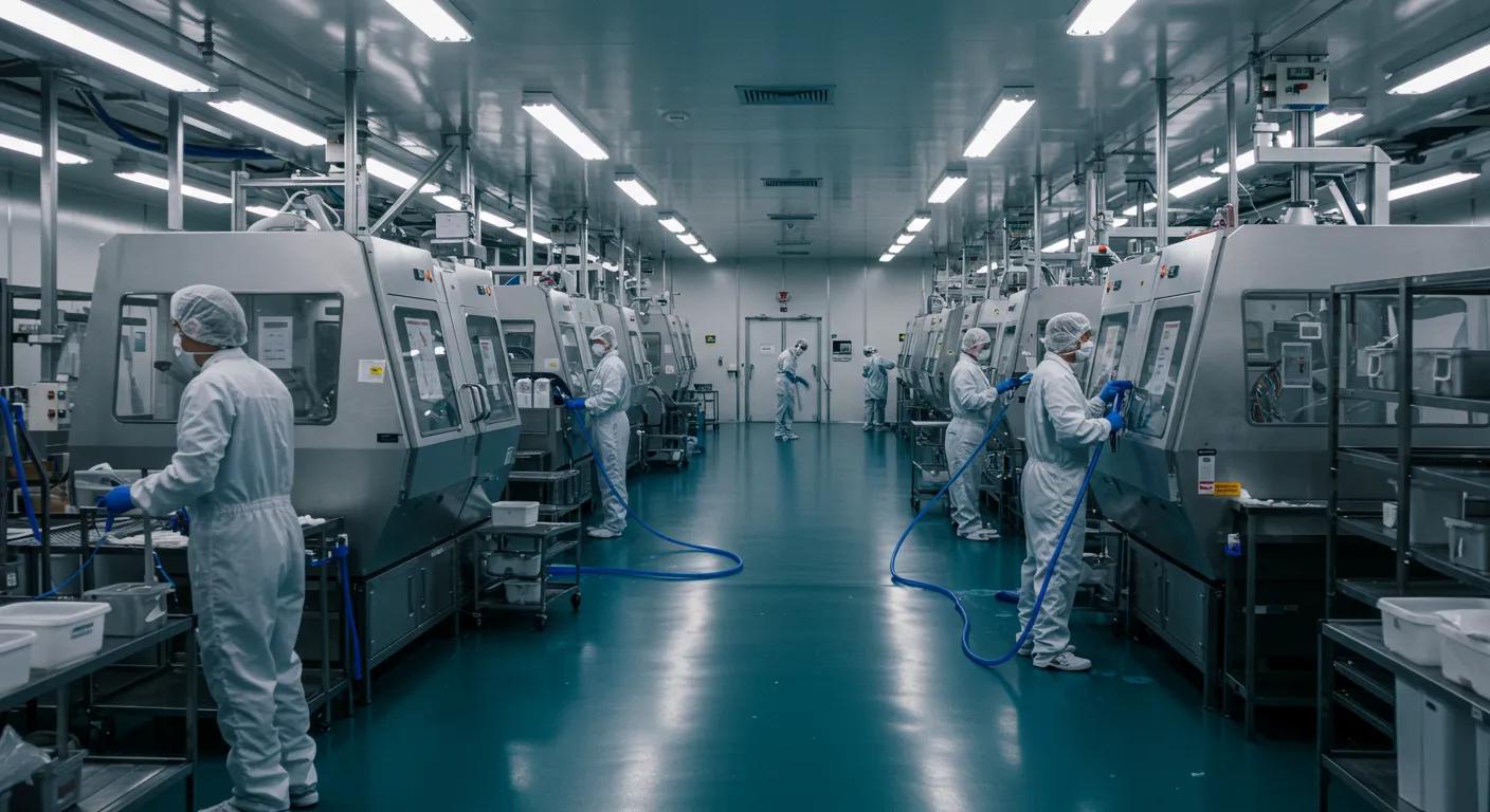 a sterile and meticulously organized industrial manufacturing facility, showcasing workers in protective gear diligently performing a deep cleaning process on machinery and floors to emphasize rigorous safety and compliance standards.