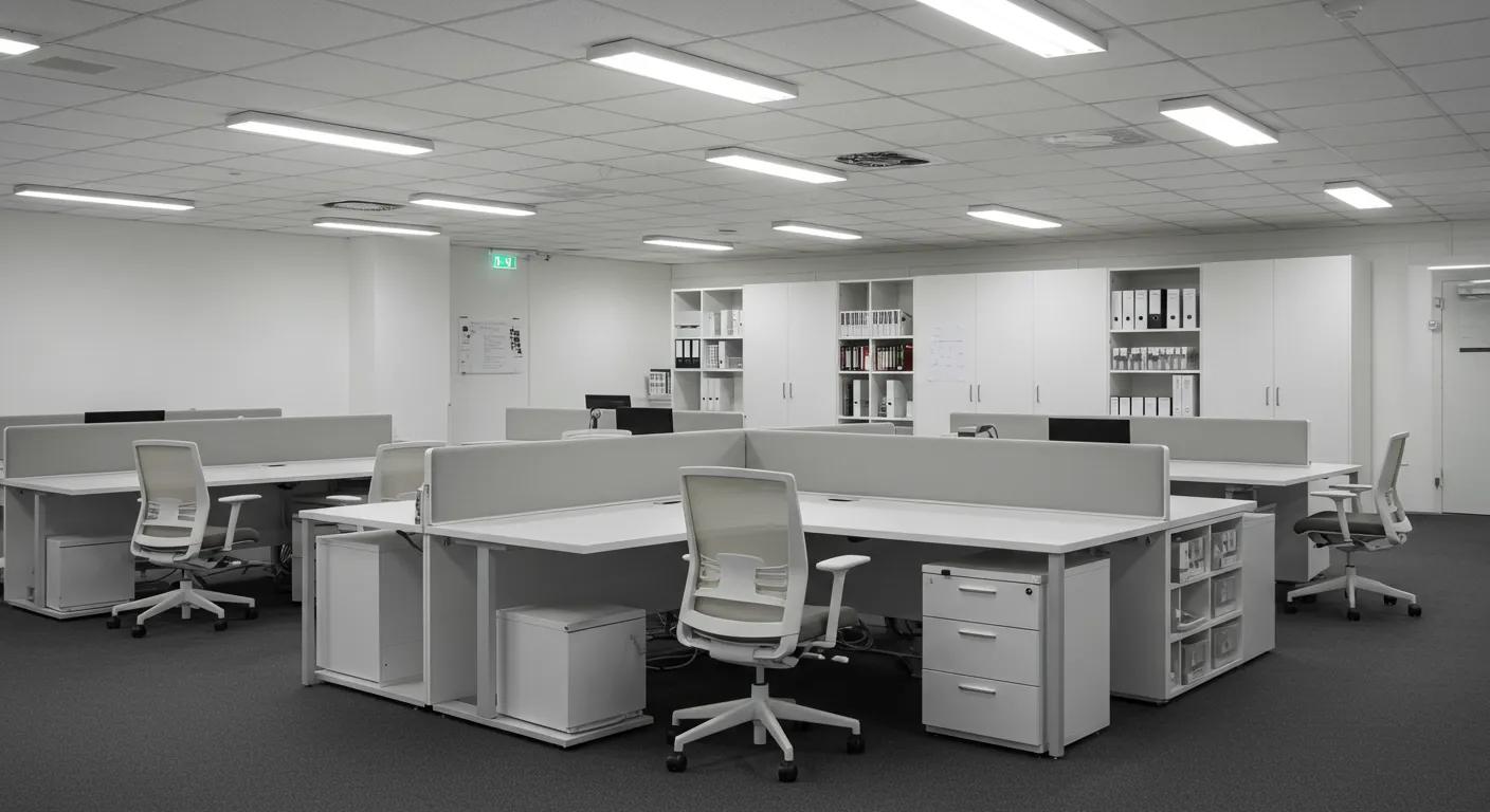 a sleek, modern office space gleams under bright, artificial lighting, showcasing pristine surfaces and organized workstations that exemplify the long-term cost efficiencies gained through professional commercial cleaning services.
