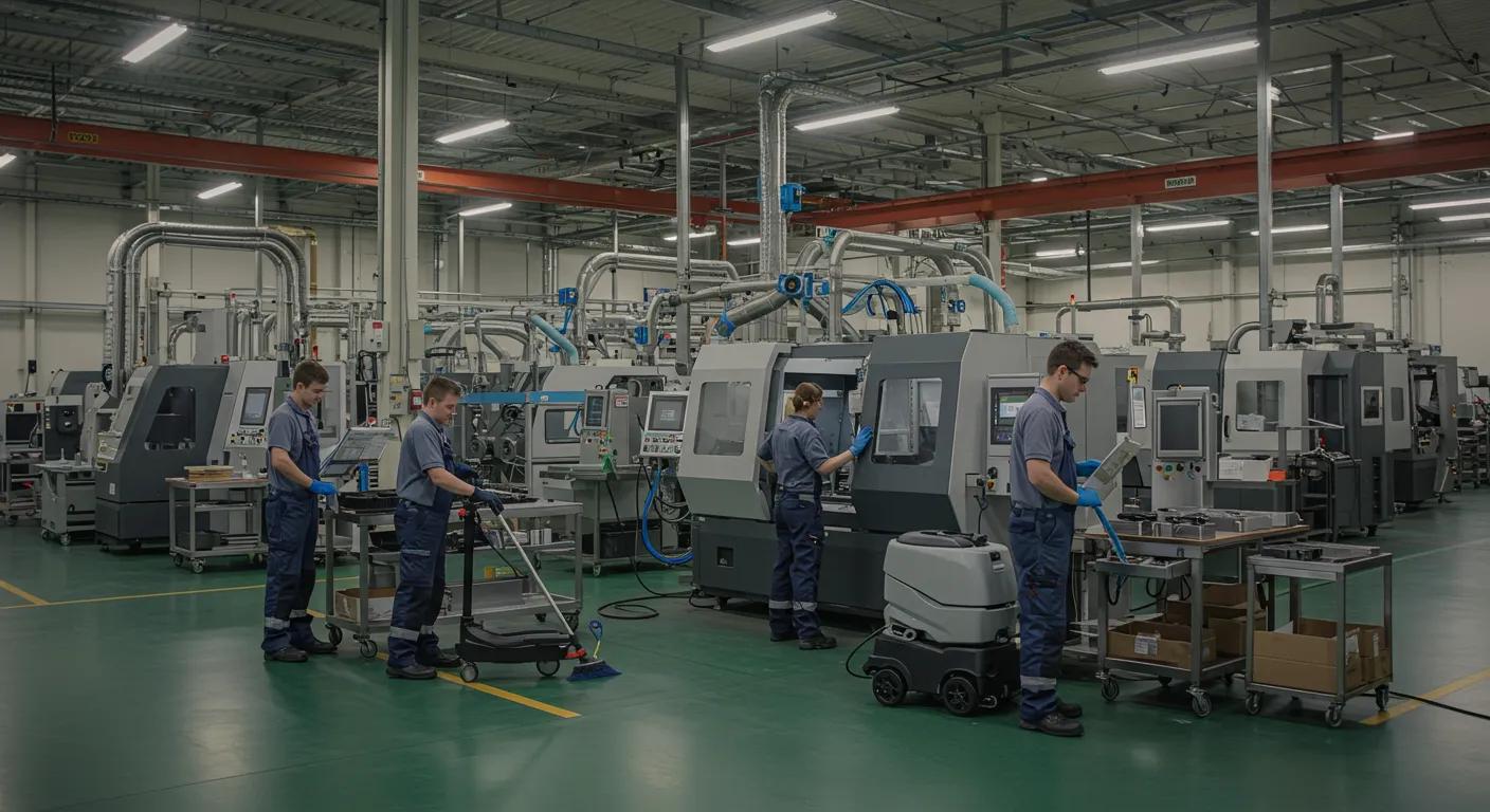 a spacious, modern manufacturing facility showcases a team of professional cleaners using specialized industrial equipment while surrounded by heavy machinery, emphasizing the rigorous standards of industrial cleaning in contrast to standard commercial cleaning.