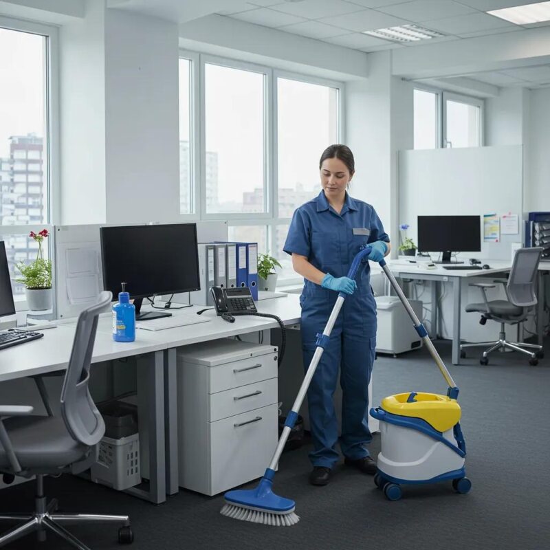 Clean office space with a janitor using modern cleaning equipment, emphasizing janitorial services