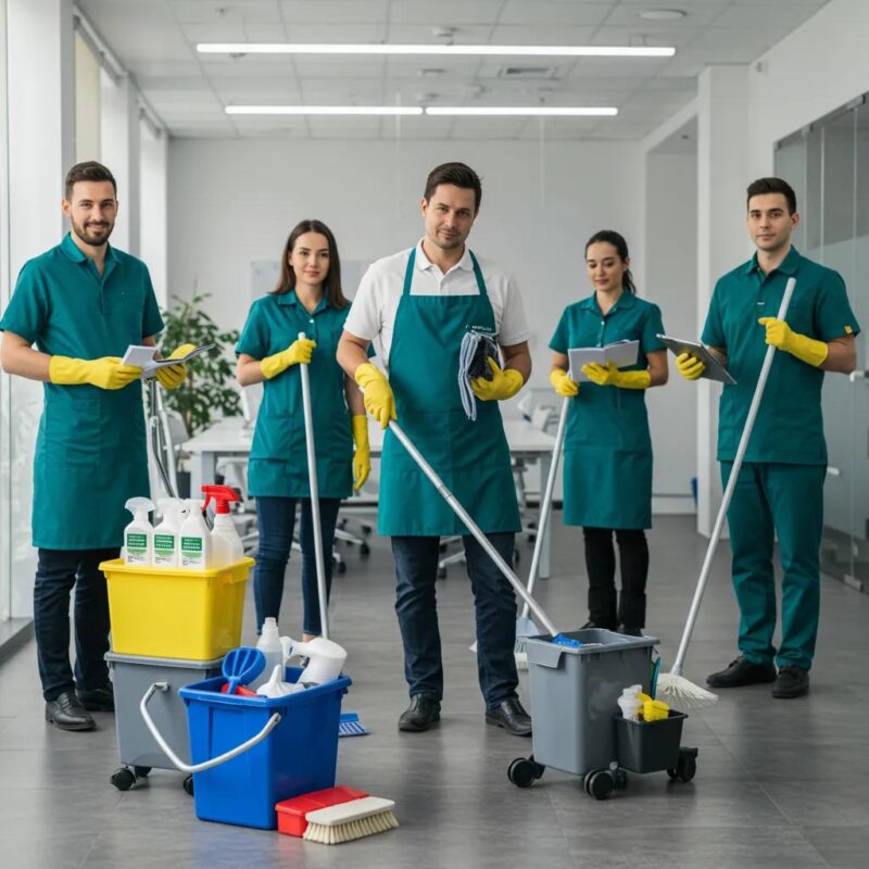 Diverse cleaning team using eco-friendly products in a modern office, highlighting commercial cleaning certifications
