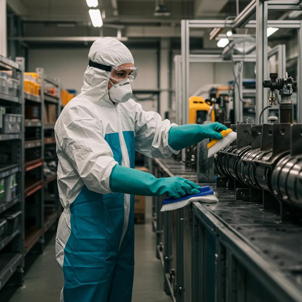 Worker in PPE cleaning an industrial facility, emphasizing safety and compliance